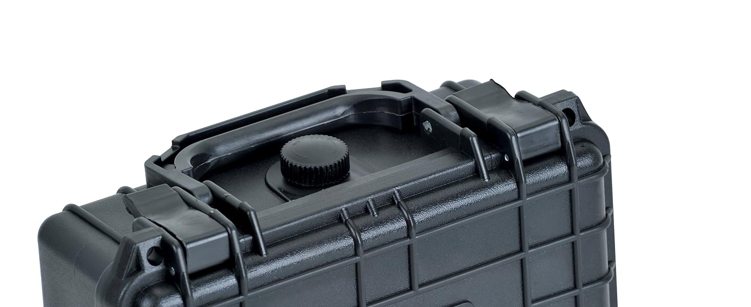 Close-up of a black, rugged protective case with textured exterior and secure latches. Partial view showing top corner details.