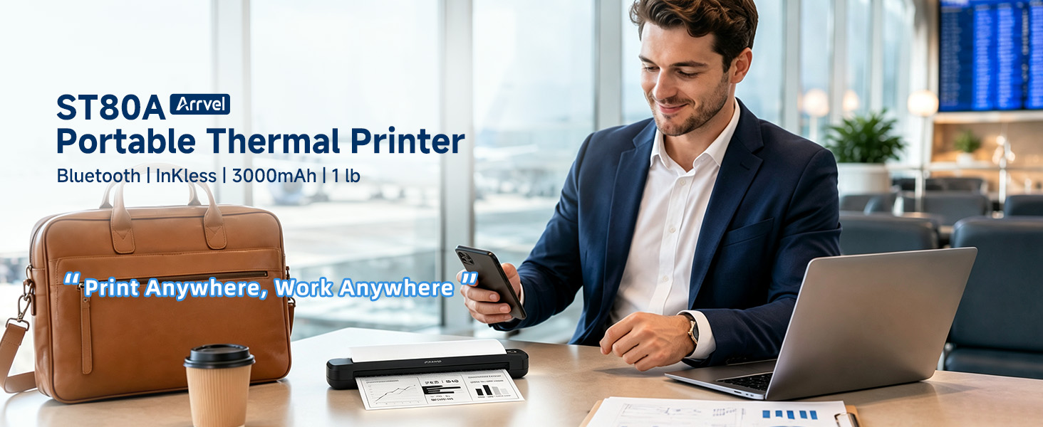 Business traveler uses the portable thermal printer with smartphone and laptop in an airport lounge