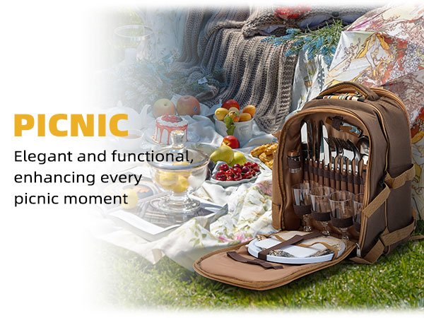 Picnic Backpack Bag for 4 Person with Cooler Compartment,Wine Bag, Picnic Blanket