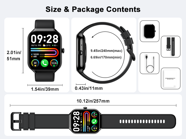 Smartwatch specifications diagram. Shows watch dimensions, strap size, and package contents including charger and manual. Watch face displays time, heart rate, and step count.