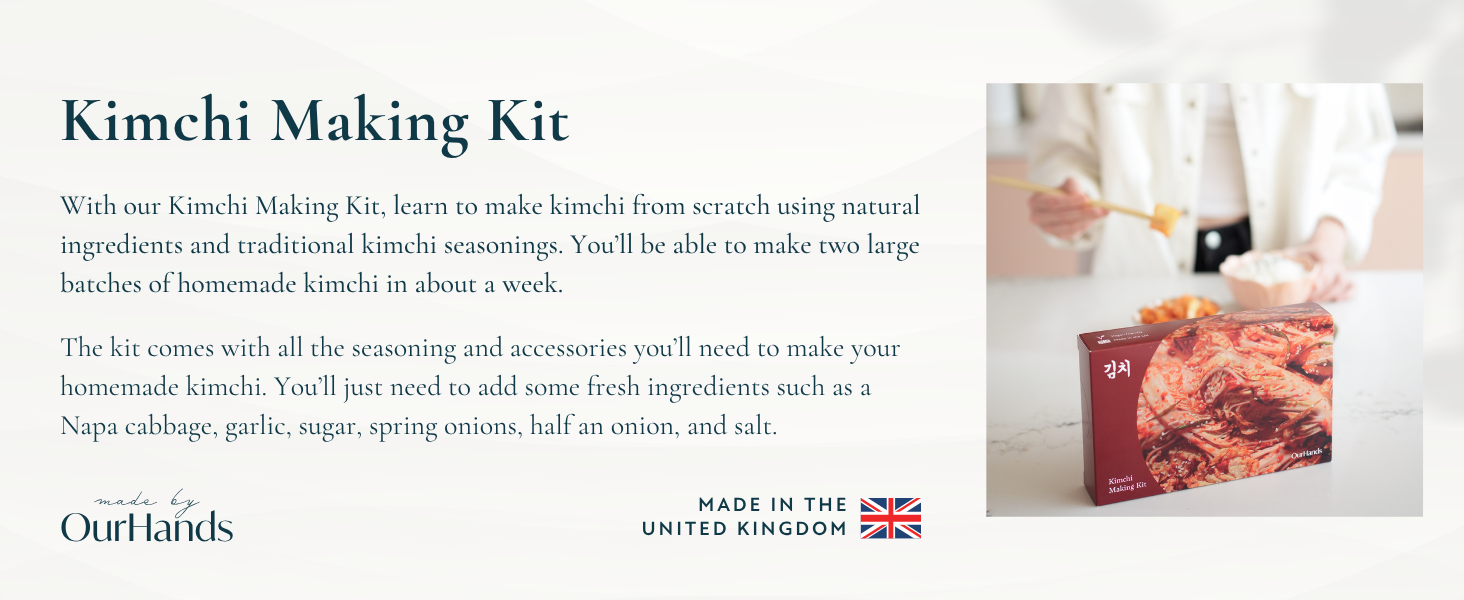 Text reads 'Kimchi Making Kit'. Series of photos showing kimchi preparation process with various ingredients and containers in a bright kitchen setting.