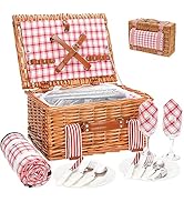 Wicker Picnic Basket for 2 with Large Insulated Cooler Compartment and Waterproof Picnic Blanket,...