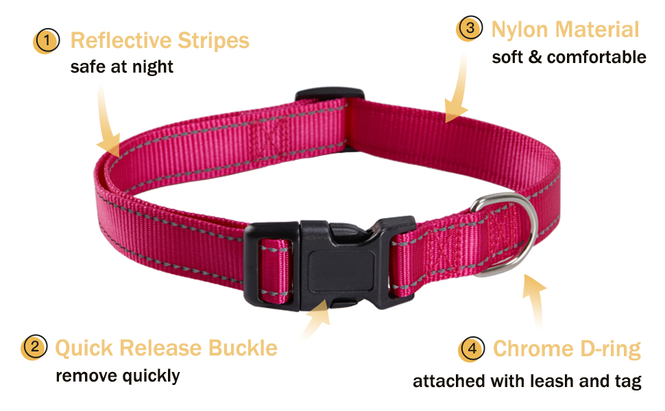 Each collar will utilize 2 special lines of reflective thread. Ensurethat dog will be seen at night