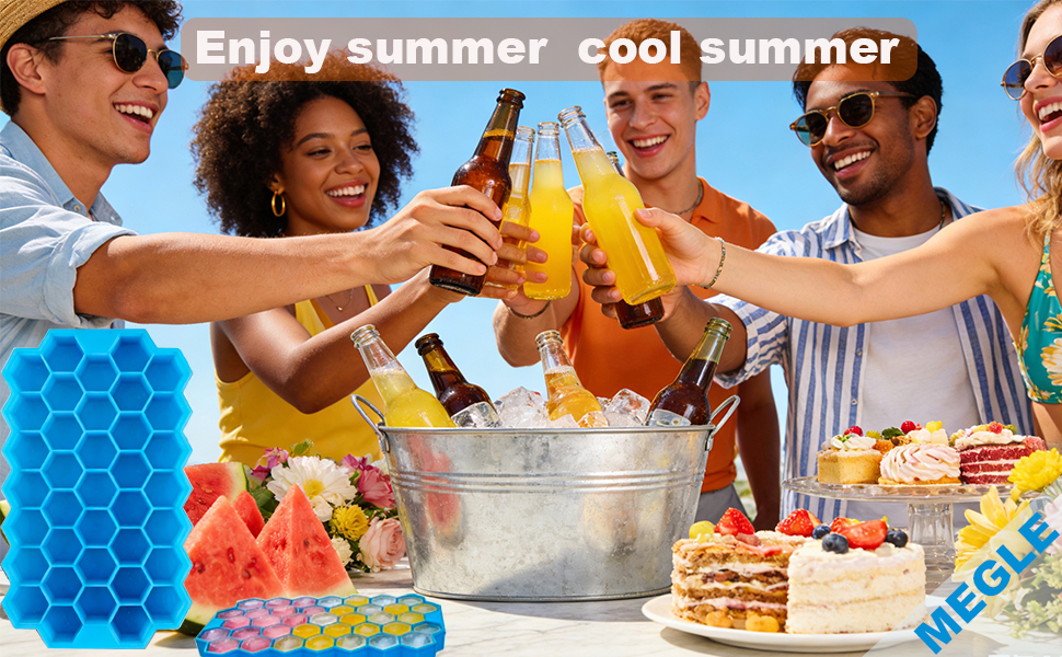 Text reads 'Enjoy summer cool summer'. People outdoors enjoying drinks and food, with blue honeycomb-shaped ice cube molds visible in the scene.