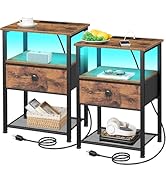 LOAKEKEL Night Stand Set 2, LED Nightstand with Charging Station, Bedside Table with Fabric Drawe...