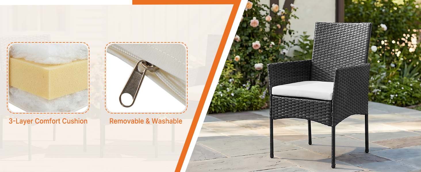 Thick seat cushions with zipper covers and adjustable leveling feet for outdoor furniture