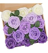 N&T NIETING Purple Roses Artificial Flowers 25Pcs Fake Flowers Foam Roses with Stems for DIY Wedd...