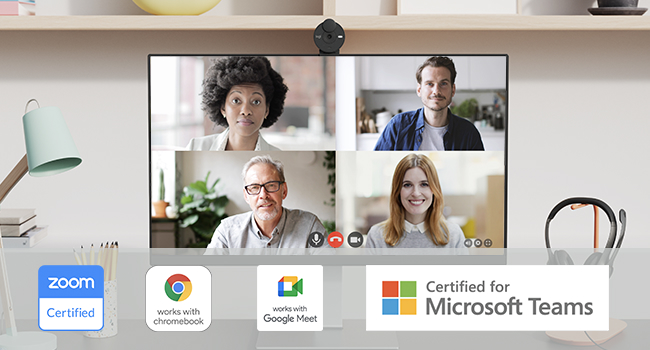 people having video conference call via brio 301 1080p webcam black