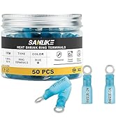 Sanuke 50pcs Cable Connectors, 16-14 AWG Blue #8 Heat Shrink Ring Terminals - Waterproof and Insu...