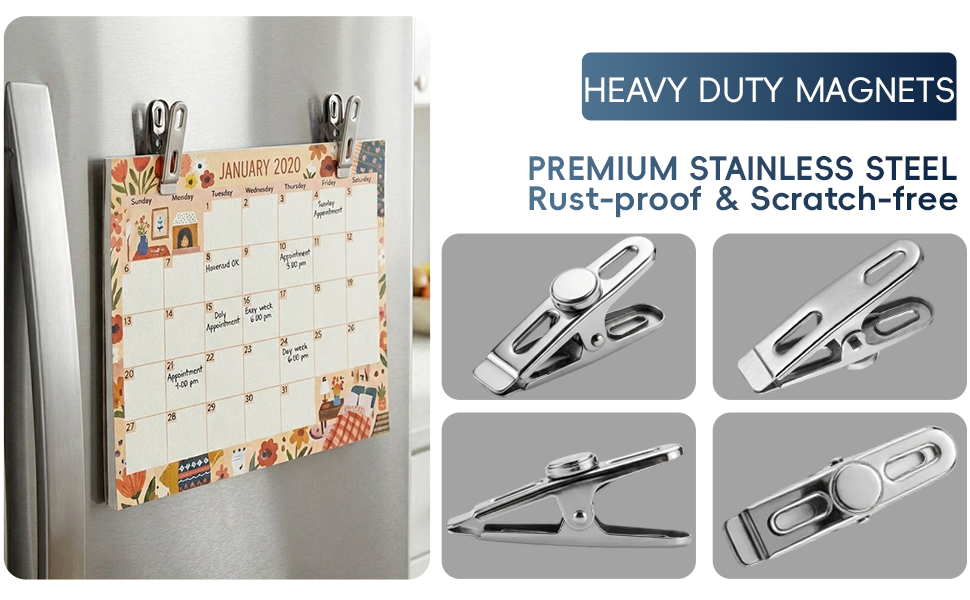 Rust-proof stainless steel clips holding a calendar and product detail renders.