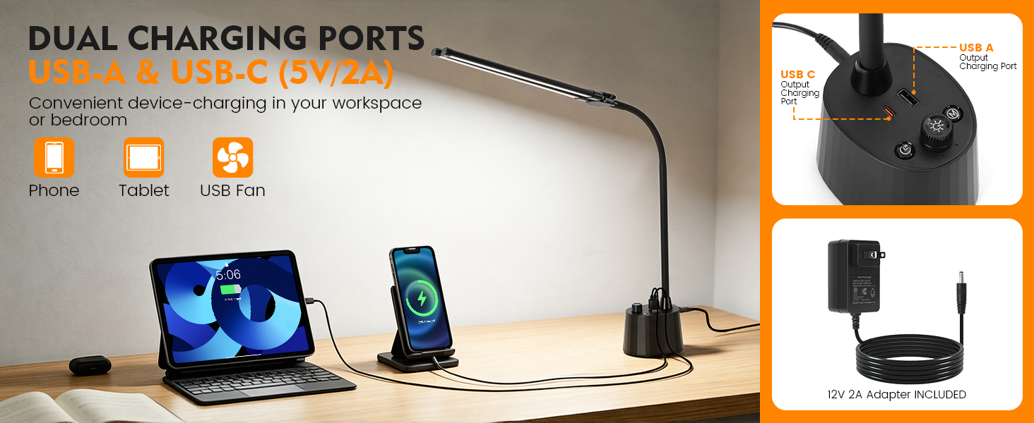 Desk Lamp with USB A+C Charging Ports, Desk Light for for Home Office Reading Light Table Lamp