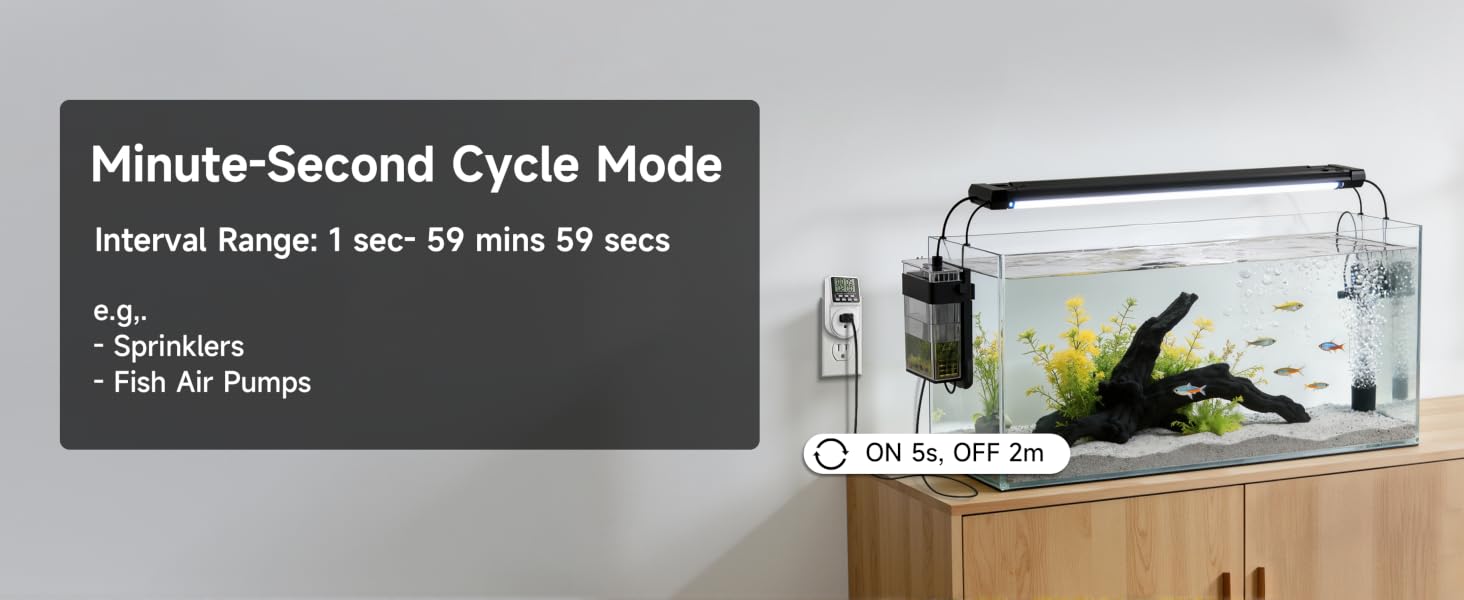 an aquarium with air pump connected to cyle plug in timer (displayed cycle setting: ON 5s, OFF 2m)