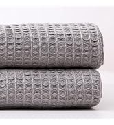 ISAENNE Grey Thin Waffle Weave 100% Cotton Throw Blanket,Solid Color Breathable Soft Cooling Blan...