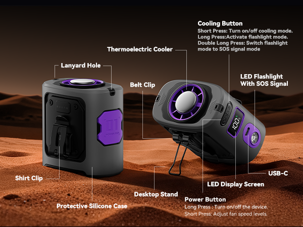 The fan features a dual-clip design, cooling and airflow buttons, shockproof protective case