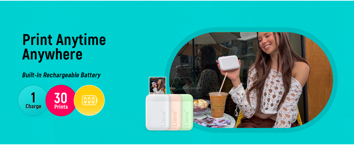 Mobile printing advertisement with turquoise background, featuring '1-charge 30-prints' icons and rechargeable battery indicator.