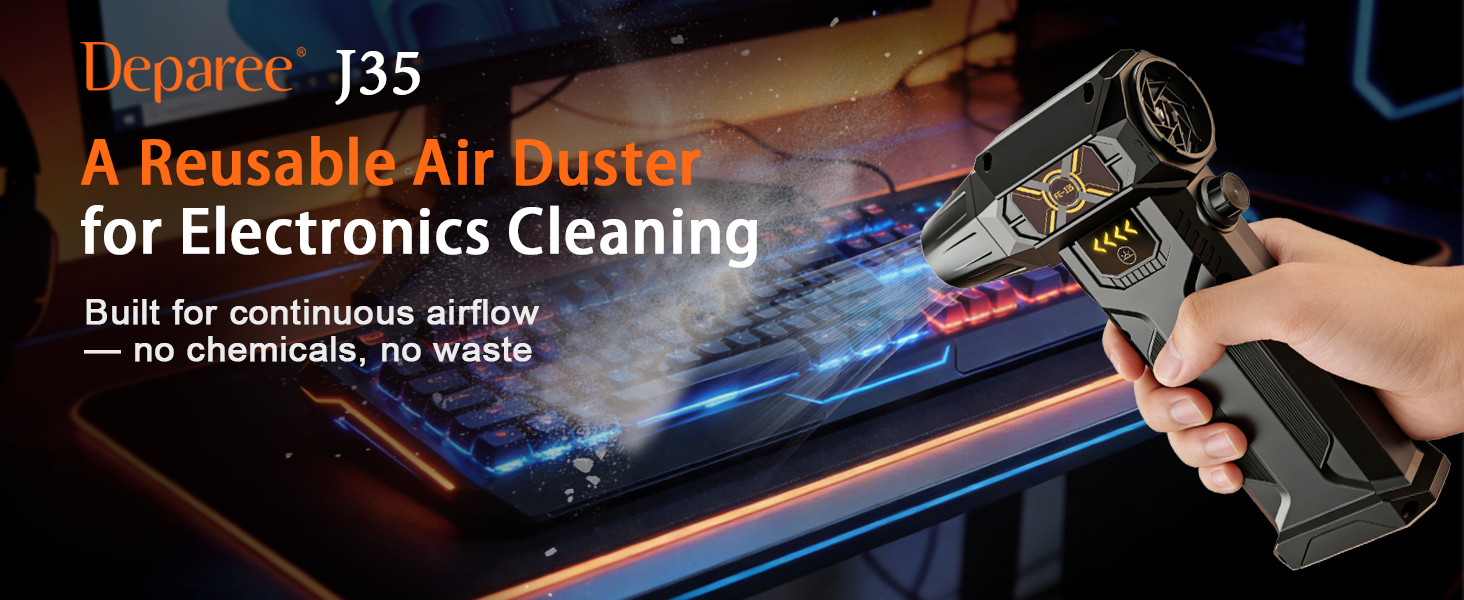 FE-J35 cordless air duster cleaning air conditioner filter, showing dust removal before and after.