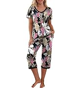 PrinStory Women's Pajama Set Short Sleeve Shirt and Capri Pants Sleepwear Pjs Sets with Pockets
