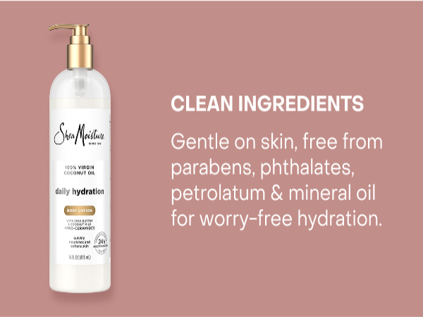 Image of SheaMoisture Body Lotion next to text about clean ingredients.