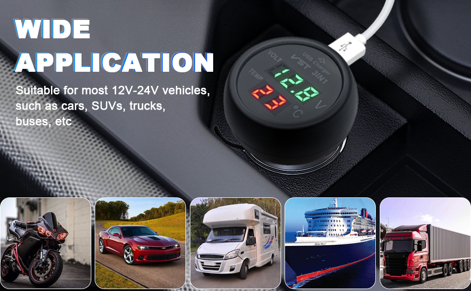 Vehicle USB charger display showing digital voltage readout and multiple vehicle compatibility icons including cars, trucks, motorcycles, and ships.