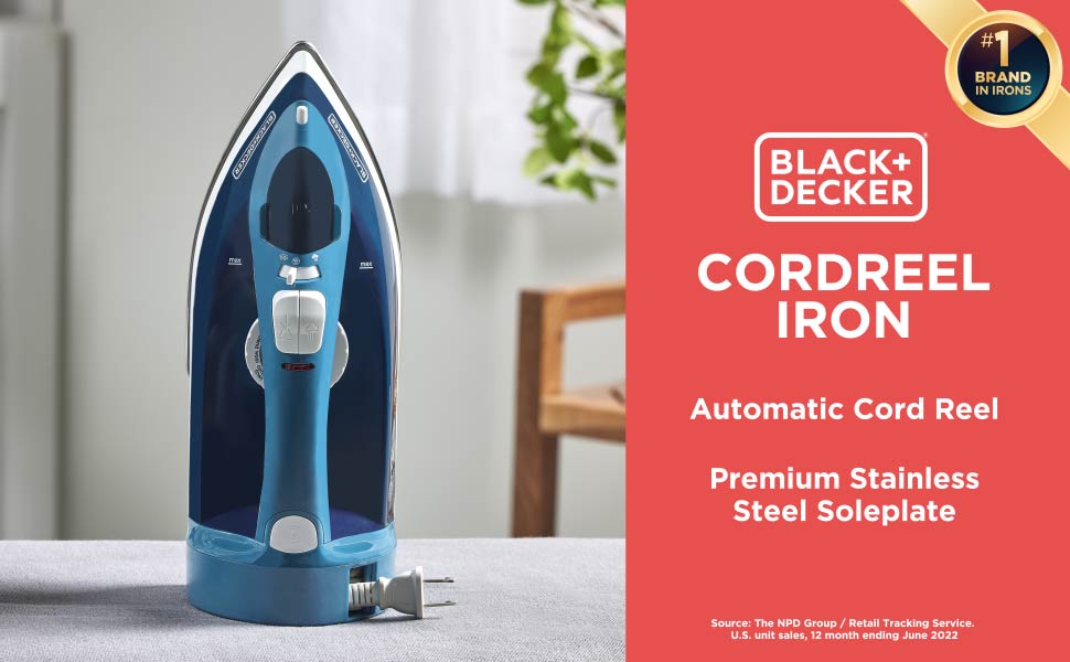 BLACK+DECKER Steam Iron for Clothes with Cord Reel and Stainless Steel Soleplates