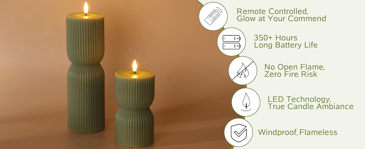 White Ribbed Flameless Pillar Candles