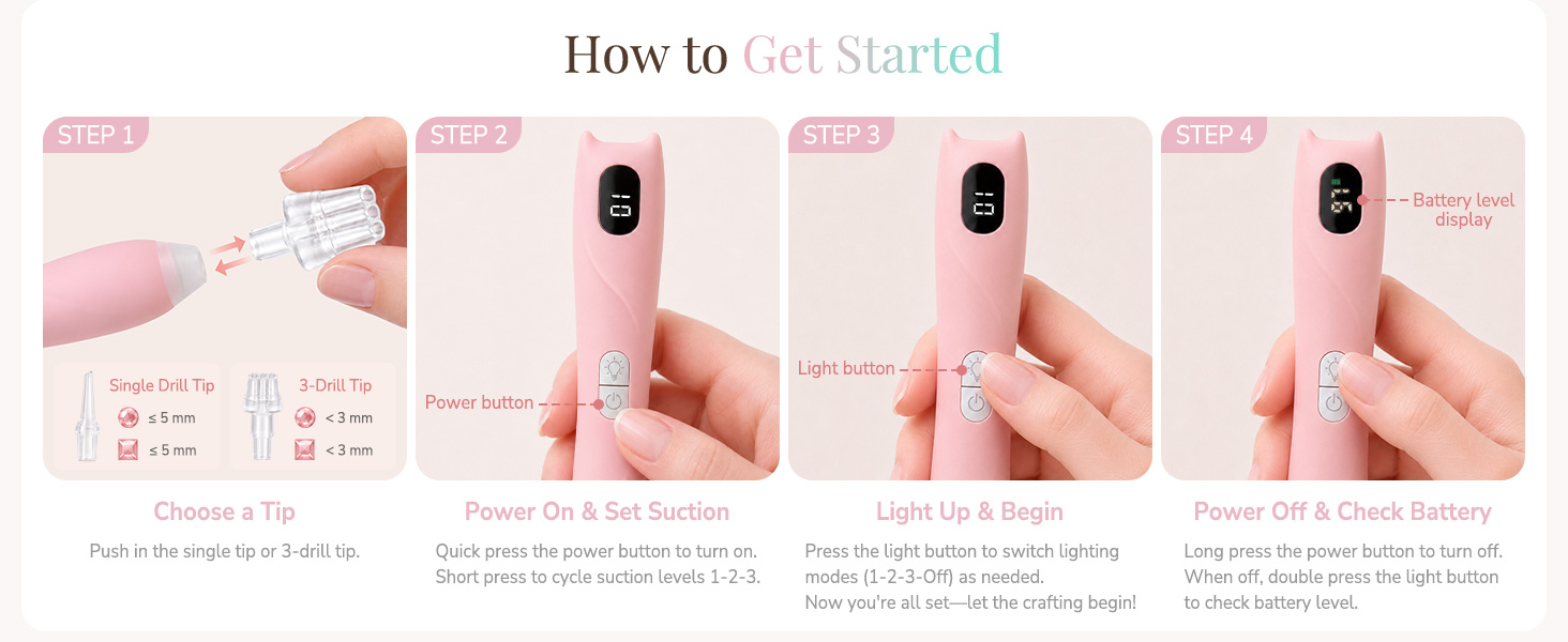 Electric Diamond Painting Pen with Light, 3 Adjustable Suction,Rechargeable with 4 Replaceable Tips