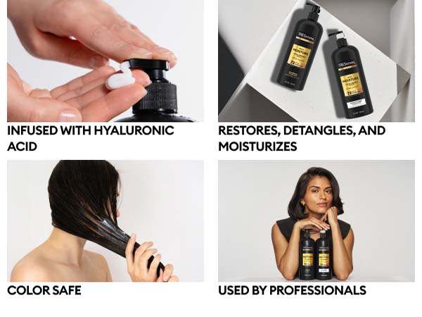 4 images: hand pumping bottle, 2 bottles, woman touching her hair, woman with products.