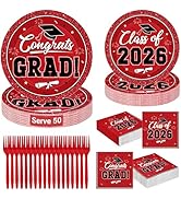 QZYL 200Pcs Graduation Supplies Set 2026, Red Graduation Plates, Napkins, Dessert Plates and Plas...