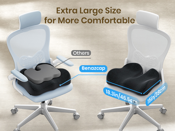 Text reads 'Extra Large Size for More Comfortable'. Comparison of two office chair seats, labeled 'Before' and 'After' showing size difference.