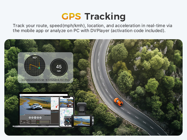 GPS tracking device interface showing map, speed, and location data. Multiple screens display real-time tracking of a vehicle on a winding forest road.