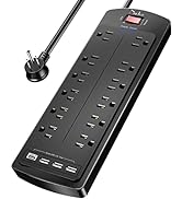Power Strip , Nuetsa Surge Protector with 12 Outlets and 4 USB Ports, 6 Feet Flat Plug Extension ...