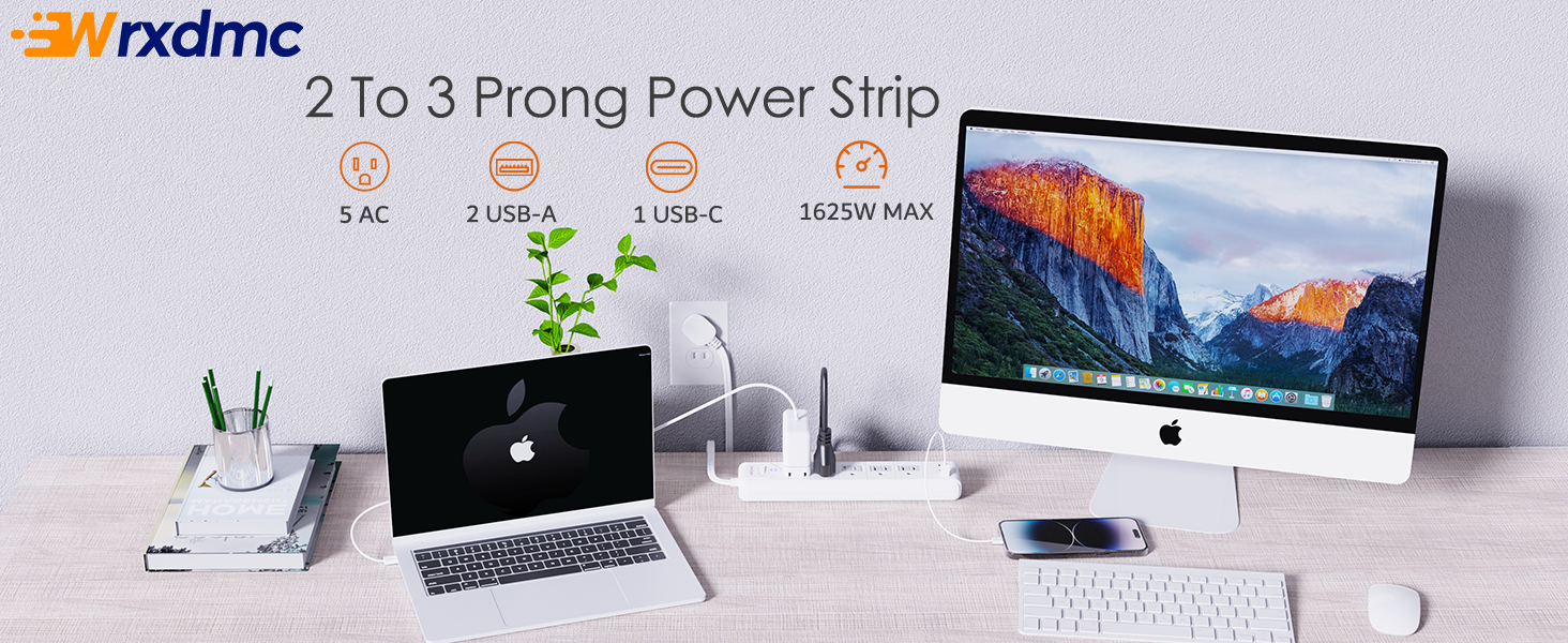 2 Prong Power Strip, WRXDMC 2 Prong to 3 Prong Outlet Adapter, 1400J Two Prong Surge Protector