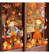 AnyDesign 2 Sheets Fall Thanksgiving Window Cling Scarecrow Pumpkin Maple Leaves Reusable Window ...
