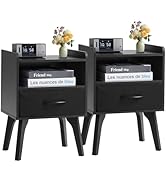 YUFAM Wooden Night Stand,Mid Century Modern Nightstand,Side Tables with Fabric Drawers and Open S...