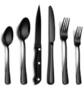 PHILIPALA 24-Piece Black Silverware Set with Steak Knives Food-Grade Stainless Steel Flatware Set...