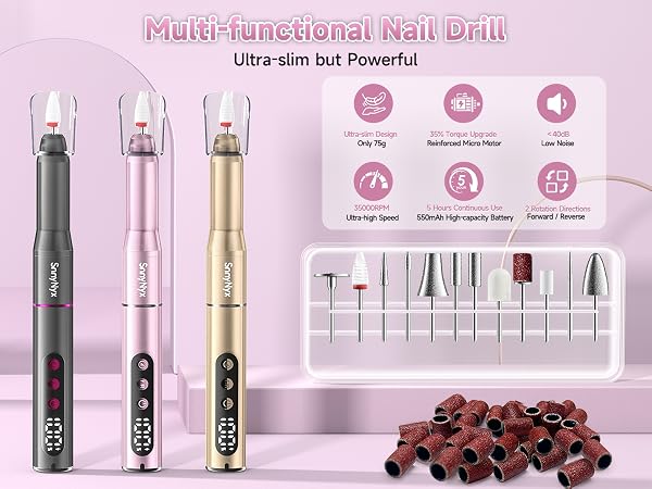 Cordless nail drill for manicures, pedicures, and pet nails. Removes gel, acrylic, and poly nails