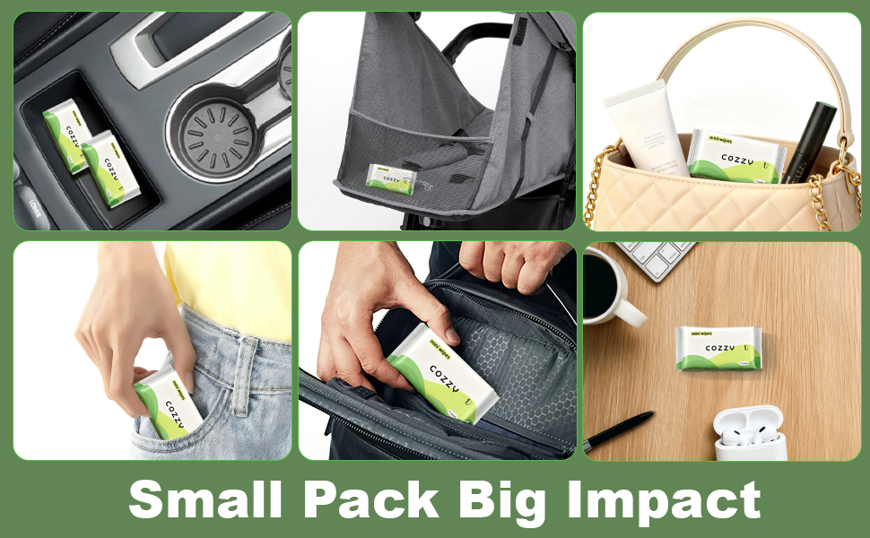 COZZY mini wipe great for travel and road trips. COZZY wipes free from alcohol, aluminum,fragrance,