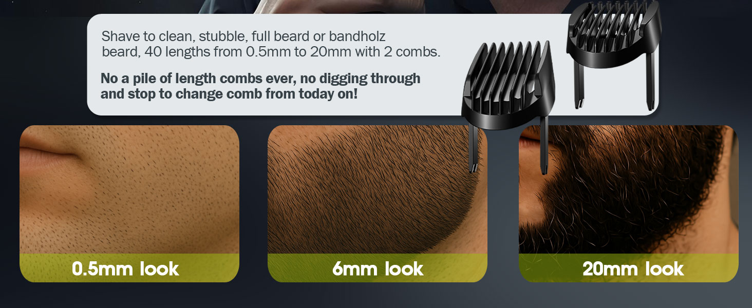 Man adjusting 0.5mm precision dial for stubble look on electric shaver.