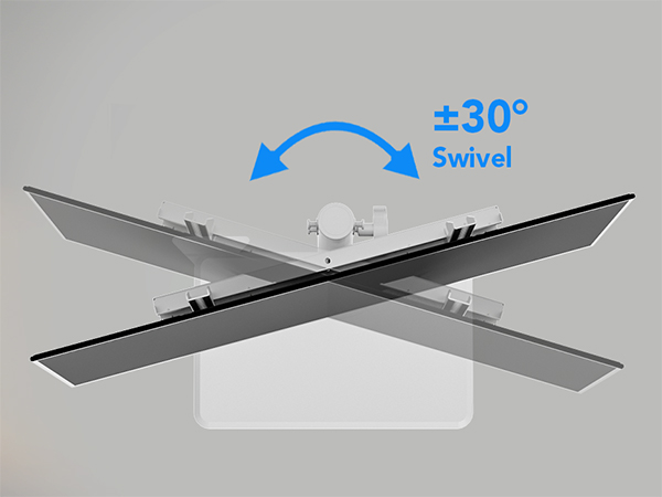 Text reads '±30°' and 'Swivel'. Technical diagram showing an adjustable mounting system with swivel functionality and 30-degree rotation range indicated by arrows.