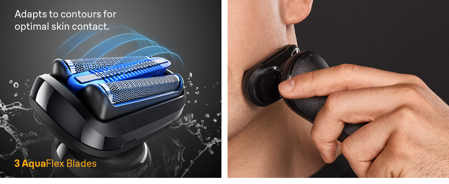 Braun shaver blades cutting long hairs. SmoothShave Blade benefits are shown.