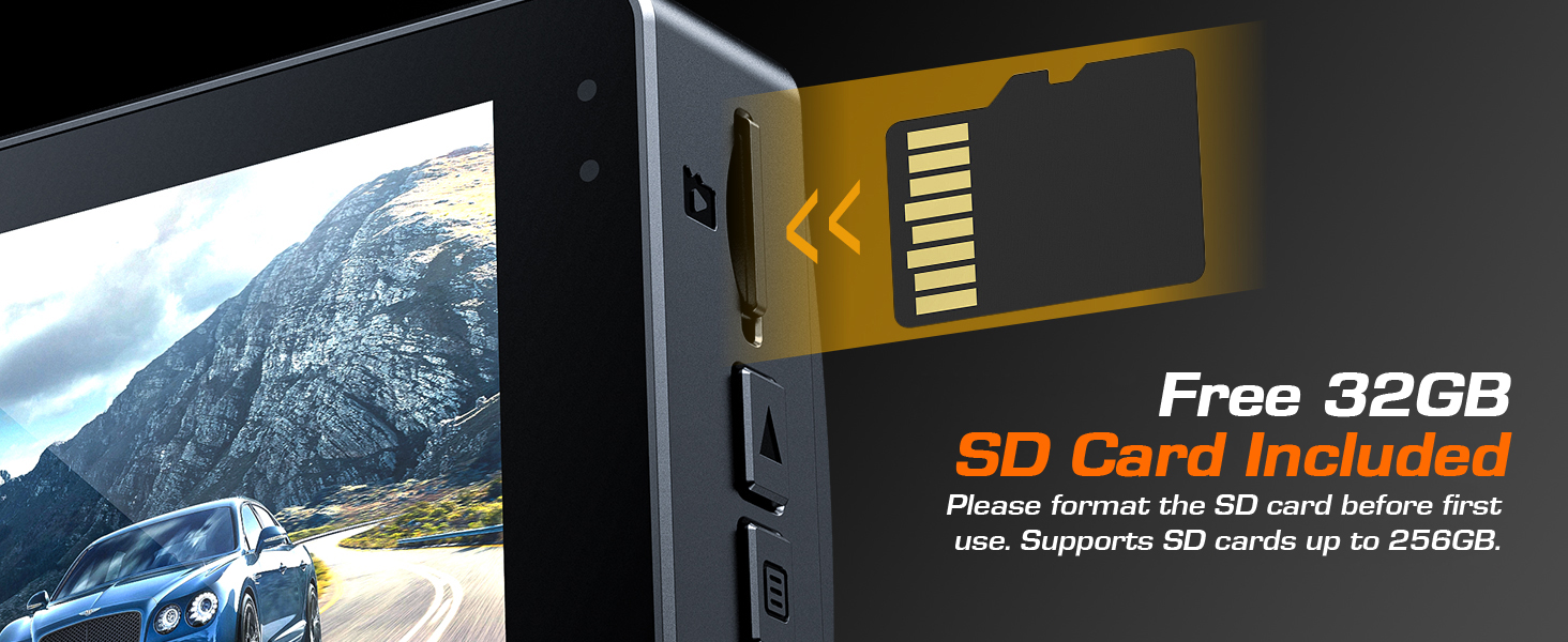 dash cam front and rear with 32GB Micro SD card included