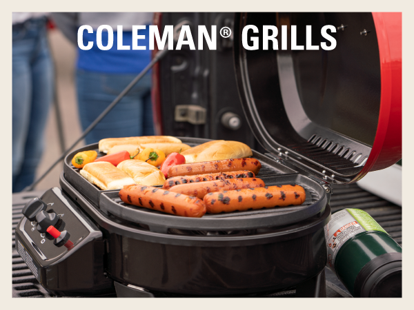coleman grills hot dog buns peppers tailgate backyard party friends family dinner lunch easy gas lid