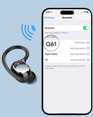 Smartphone displaying Bluetooth settings screen next to a black wireless earbud. Bluetooth icon with waves shown.