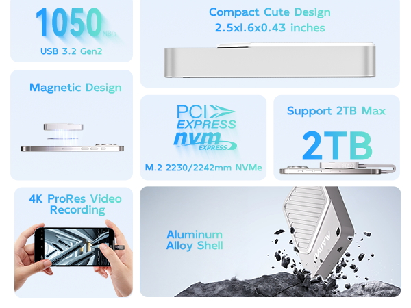 external m.2 nvme hard disk enclosure usb3.2gen2x1 10Gbps housing case 2tb capacity aluminun caddy