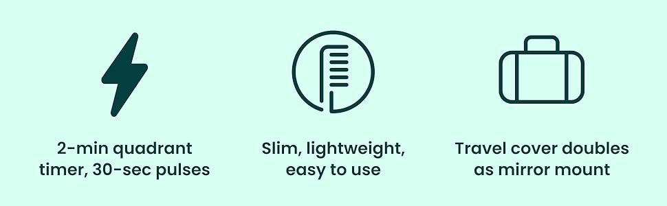 2-min quadrant timer, 30-sec pulses. Slim, lightweight, easy to use. Travel cover. Mirror mount.