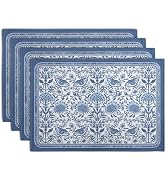 Blue Floral Boho Placemats Set of 4, 12x18 Inch Vintage Chinoiserie Block Print Place Mats Season...