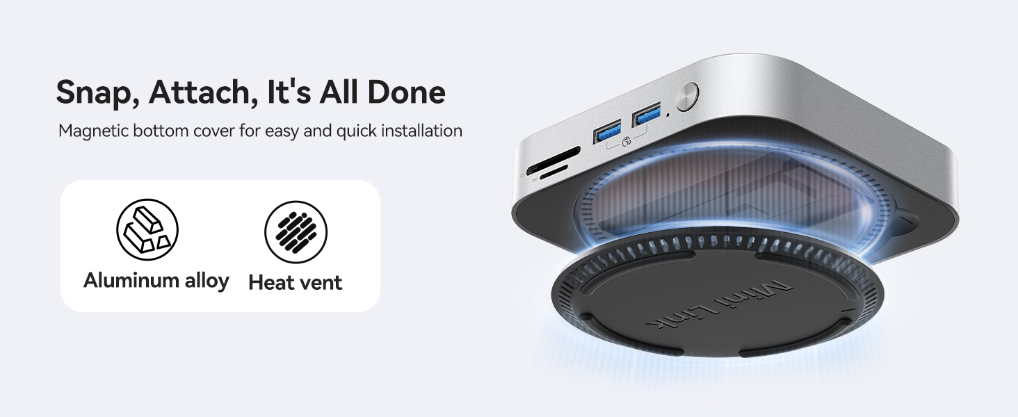 Aluminum alloy device with heat vent and magnetic bottom cover, featuring blue illumination underneath.