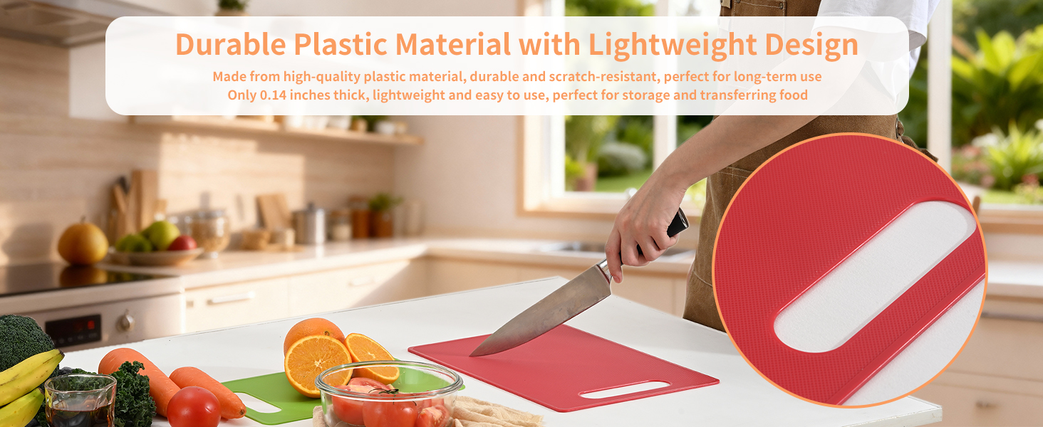 Durable and lightweight plastic cutting board with handle hole, perfect for storage and food prep.