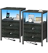 Furologee Nightstands Set of 2, End Tables with Charging Station and LED Lights, Black Night Stan...