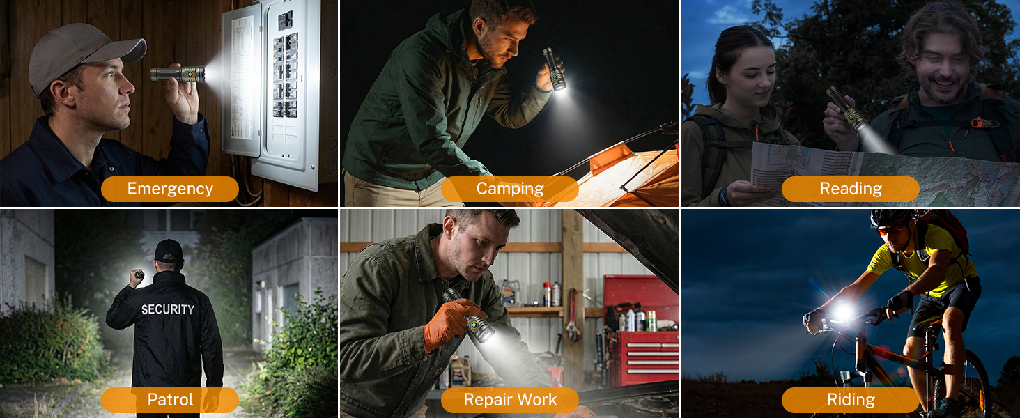 The aluminum flashlight has multiple uses, such as camping, reading, patrolling, walk, repair work